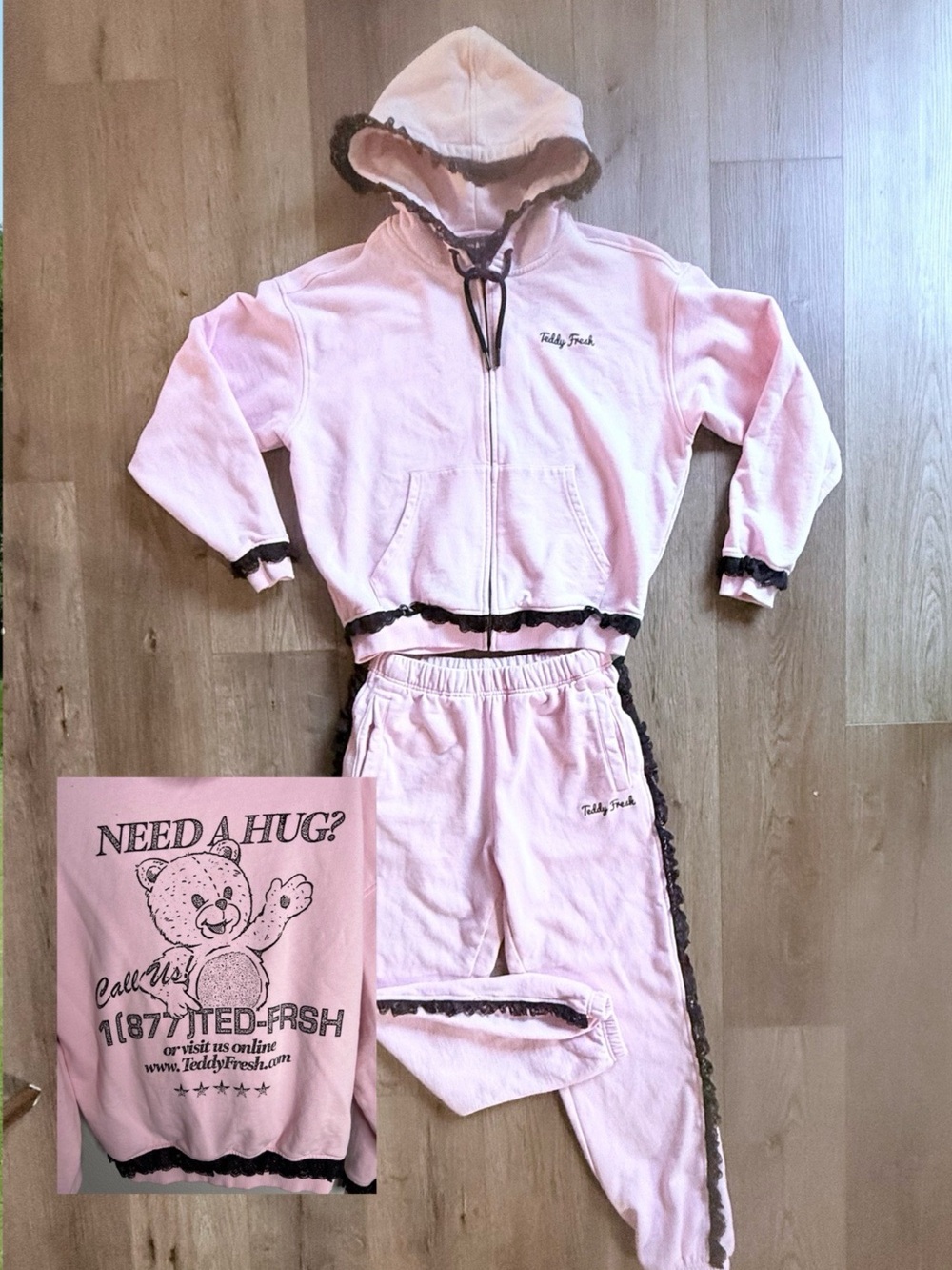 Teddy Fresh Pink with Black Lace Trim 'Need A Hug?' Graphic Sweatsuit